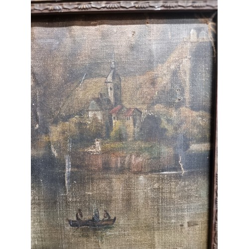 105 - A fragment of a 18th Century oil on canvas painting features  a Germanic lake side landscape. Remoun... 