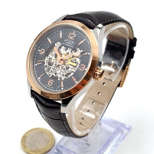 8 - As new - A Rotary mens automatic skeleton two tone brown leather strap wrist watch, Model no. GS0371... 