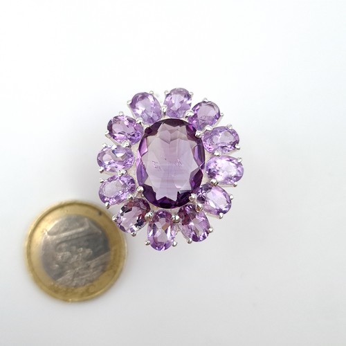 927 - A stunning very large Amethyst gemstone Ring with Amethyst cluster surround and mounted in sterling ... 