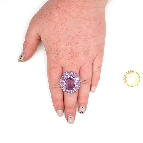 927 - A stunning very large Amethyst gemstone Ring with Amethyst cluster surround and mounted in sterling ... 