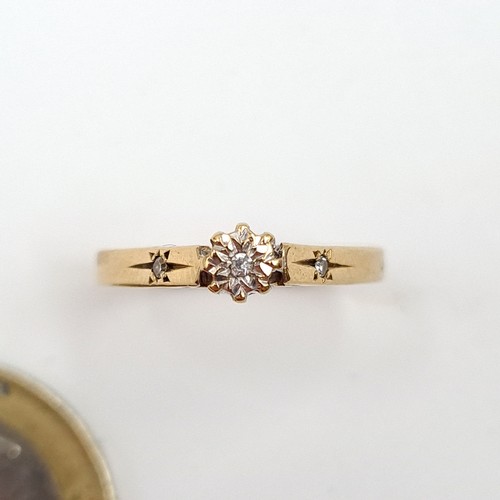 944 - Star Lot : A gorgeous 9ct gold ring set with three diamonds. Weight 1.47g. Size N. With presentation... 