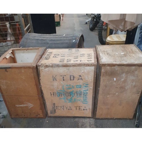 1042 - Three Tea trunks with tea branding. Great for moving and storage or props.