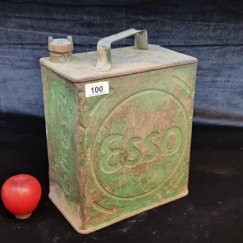 100 - A 1935 Esso oil can with a brass lid and a green finish.