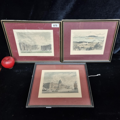 75 - Three hand coloured prints of etchings originally by R. Wallis. Featuring Howth Castle, Bank Of Irel... 