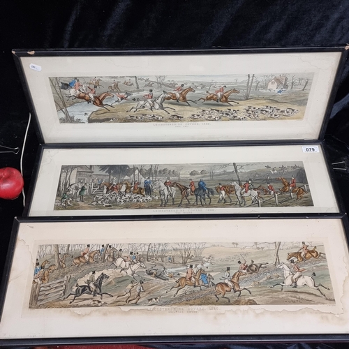 79 - Three fabulous 19th century hand coloured engravings of hunting scenes. Titled 'Leicestershire Cover... 