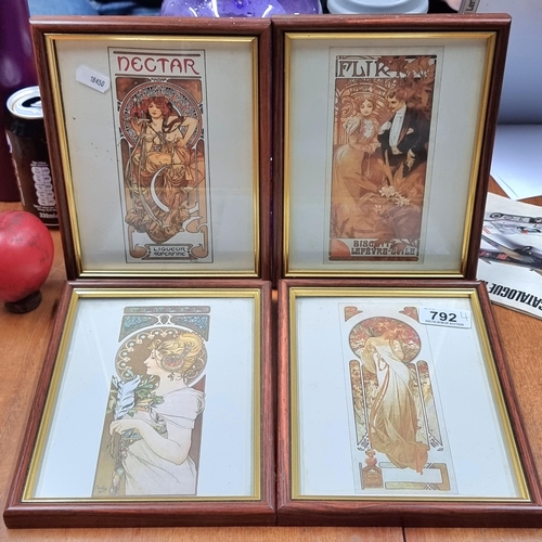 792 - Four vintage art Nouveau style  prints including an Alphonse Mucha Art Nouveau advertisement. All ho... 