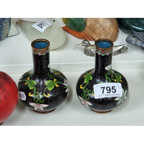 795 - A gorgeous pair of vintage Cloisonné oriental  vases with floral decoration throughout with brass ri... 