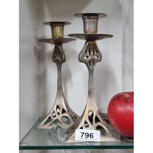 796 - A super pair of stylish pair of chrome over brass Art Nouveau candlesticks. From The lovely home tha... 