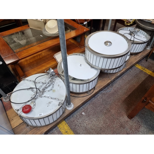 351 - A fabulous set of five large  Artdeco drum style lights with hanging chains. Beautiful run of lights... 