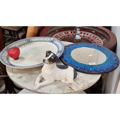 777 - A collection of three items, including a striking hand finished ceramic mosaic three toned blue mirr... 