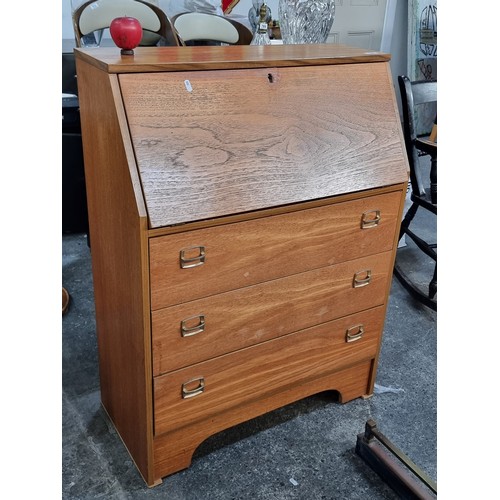 766 - Star Lot A lovely mid century narrow writing Bureau, with cool retro handles. Very handsome example.