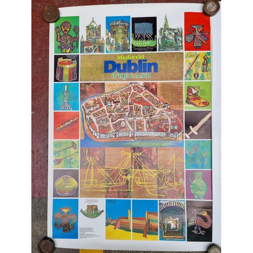 155 - Five large posters of Irish interest featuring various sites and a Medieval style map of Dublin. Inc... 