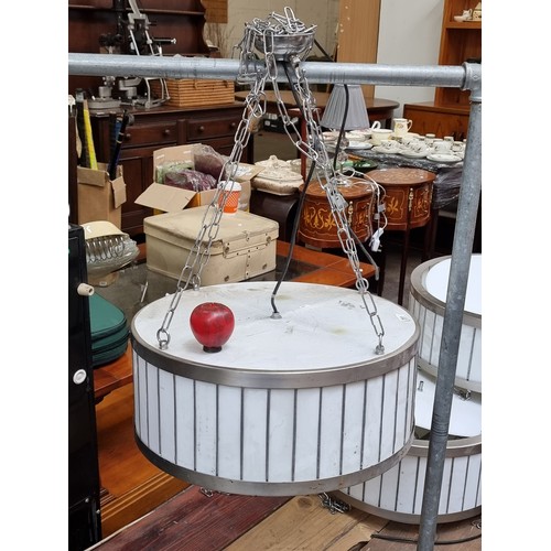 351 - A fabulous set of five large  Artdeco drum style lights with hanging chains. Beautiful run of lights... 
