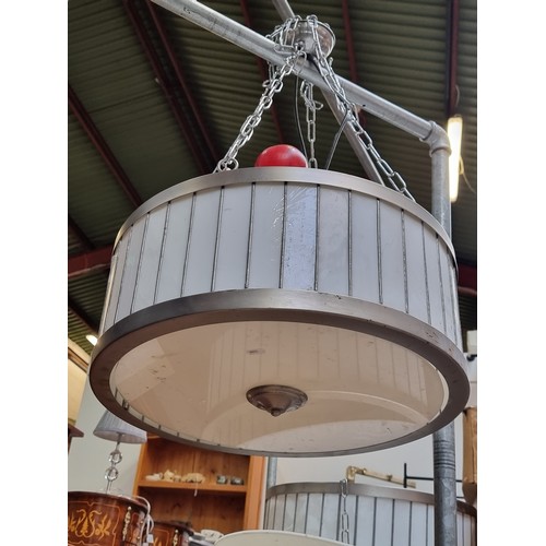 351 - A fabulous set of five large  Artdeco drum style lights with hanging chains. Beautiful run of lights... 