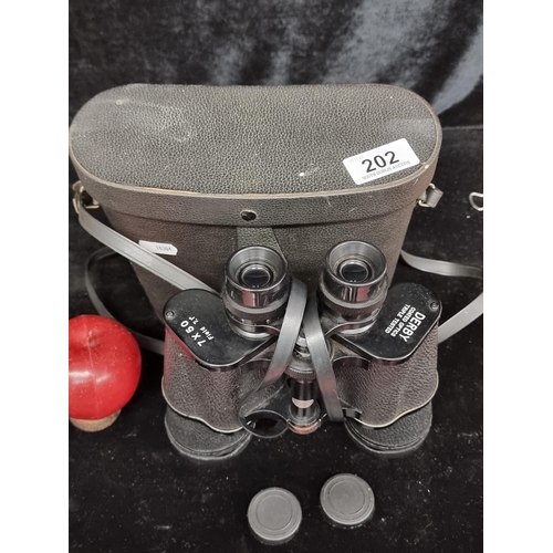 202 - A distinguished mid-20th-century Derby binocular set with 7 X 50 Field 7.1 degree lenses. Crafted wi... 