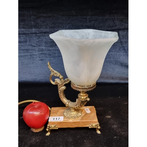 117 - A lovely vintage  highly ornate table lamp with a marble effect base, elaborate brass fittings and a... 