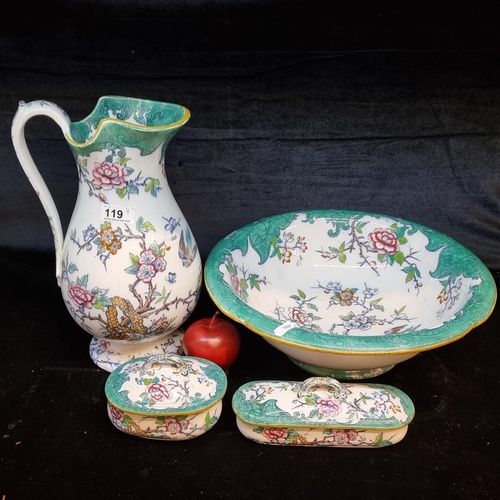 119 - A set of four vintage ceramic items comprising of a wash basin, water pitcher, soap dish with lid an... 