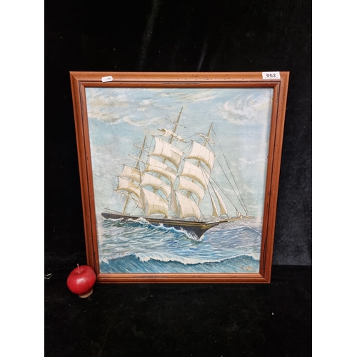 62 - A vintage original oil and pencil on canvas board painting featuring a tall ship battling against th... 