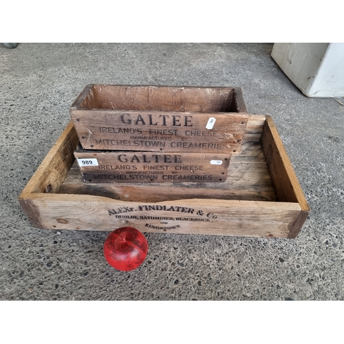 989 - A pair of Galttee Irish cheese vintage crates well inscribed and an Alexander finlander Dublin crate... 