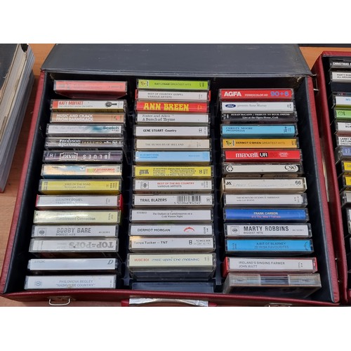 245 - Three cassette tape carry cases crafted in durable red faux leather, two of which are full of vintag... 