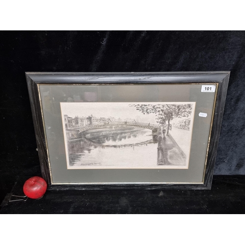 101 - A charming original pencil on paper drawing of a Dublin scene featuring the Ha'Penny bridge. Signed ... 