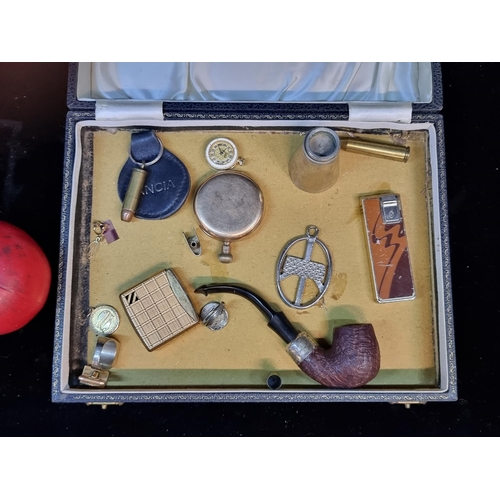 167 - An interesting mixed lot of collectables including gentleman's pipe, pocket watch and two lighters.