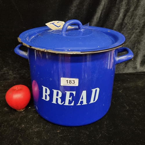 183 - A large enamel bread bin in a cobalt blue finish, with lid. (that's just brown tape in very good con... 