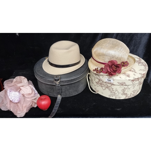 186 - Three elegant vintage  ladies and gents head pieces including a fascinator, an Italian made straw ha... 