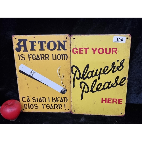 194 - Two heavy metal advertising wall signs for Afton and Players Please cigarettes.