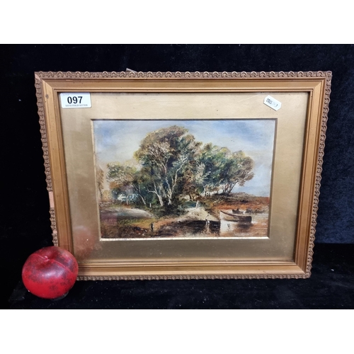 97 - A elegant late Victorian oil on board painting. Features a well observed lakeside landscape scene wi... 