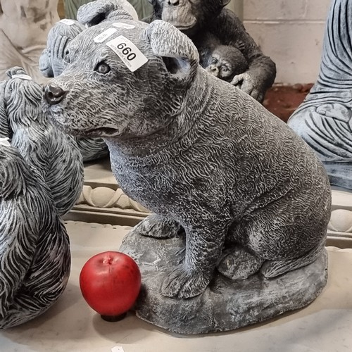 660 - An adorable and very heavy reconstituted stone garden sculpture of an attentive Staffordshire Bull T... 