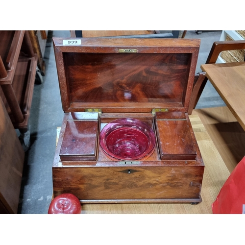 939 - Star Lot : An elegant antique walnut tea caddy featuring two removable compartments inside for tea s... 