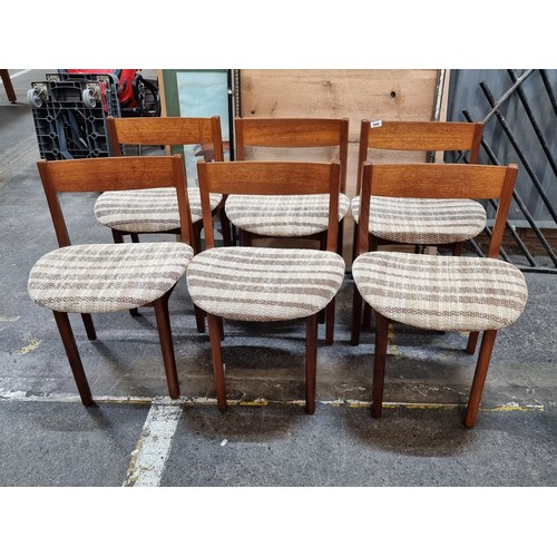 844 - Star Lot : Six very stylish mid century modern teak dining chairs, upholstered in a soft woven fabri... 