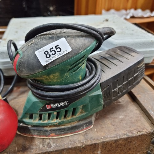 855 - A Parkside 230V electric power sander with sanding sheet and three-pronged plug.