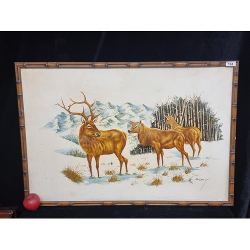 104 - A large vintage oil on canvas board painting featuring a stag and deer in a winter snow landscape. F... 