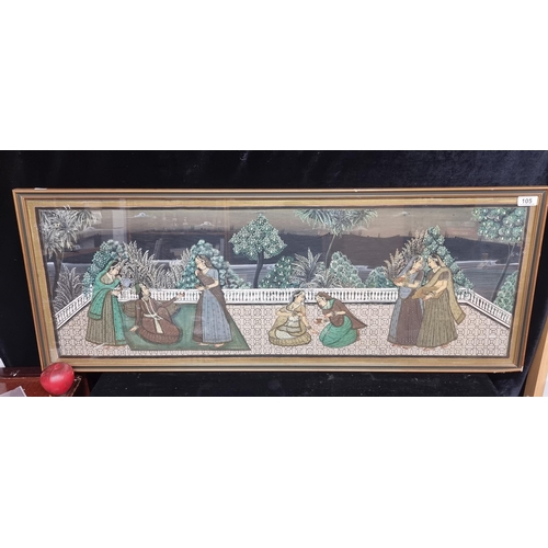 105 - A stunning Indian gouache on silk painting. Featuring a Raja and ladies relaxing in a beautiful terr... 