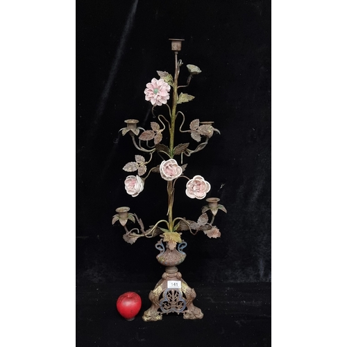 141 - A fabulous vintage Gothic style candelabra boasting pretty ceramic flowers and brass foliate design.... 