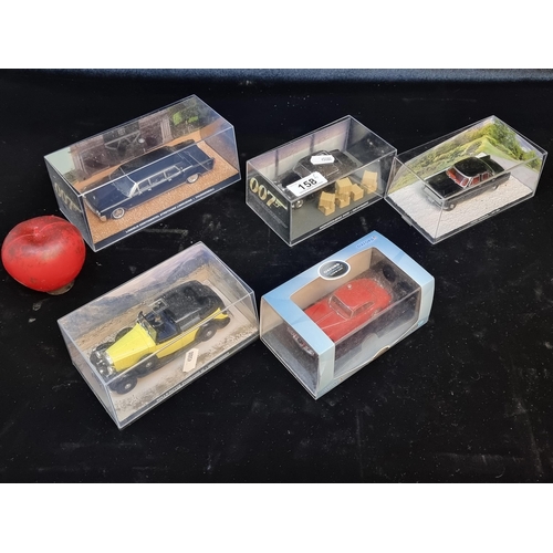 158 - A collection of five wonderful model cars including four James Bond 007 examples such as with Lincol... 