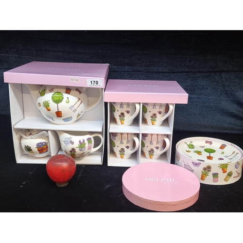 170 - Three charming Delphi Diva tea service sets including a teapot, mugs, saucers, a sugar bowl and milk... 