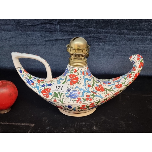 171 - A gorgeous hand made ceramic kerosene lamp in the form of a Genie lamp. Boasting a vibrant hand pain... 