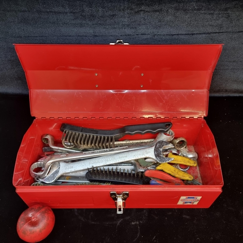 195 - A good quality metal tool box containing approx. 24 tools including wrenches and wire brushes.