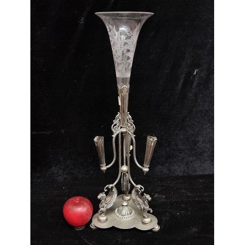 202 - A gorgeous Gothic epergne made by Walker & Hall with three griffins and one lovely etched glass trum... 