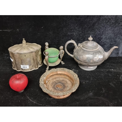 203 - Four antique plate items including a stunning Chinese tea caddy, champagne coaster, a plated teapot ... 