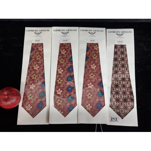 213 - A selection of four brand new in packaging Giorgio Armani pure silk ties. Each with a £50 price tag.... 