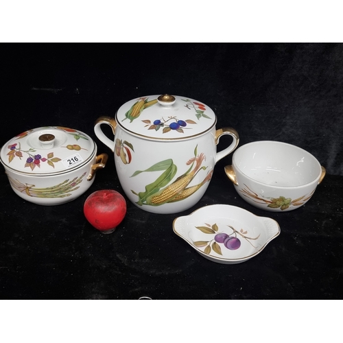 216 - Four Royal Worchester Evesham ceramic items including a crock pot, two tureens and a side dish.