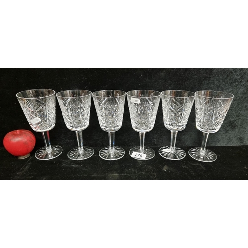 270 - A set of six Waterford Crystal stemmed glasses in the Clare pattern. All in good condition retaining... 