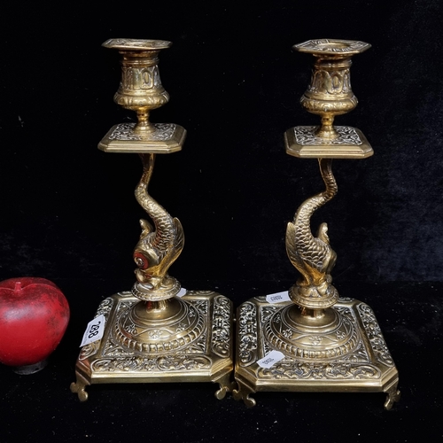 288 - A superb pair of high quality solid brass oriental candlesticks boasting beautiful intricate detail ... 