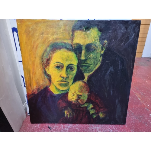 299 - Star Lot: A striking original oil on canvas painting featuring a somber family portrait in contrasti... 