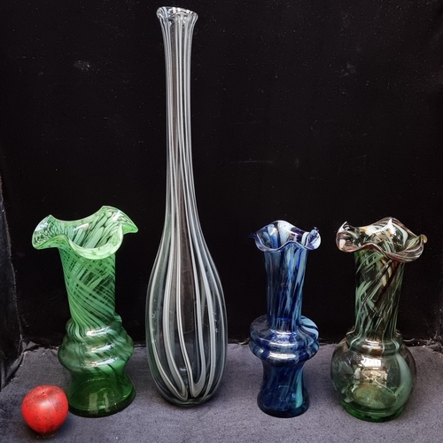 310 - Four stunning pieces of handblown studio art glass including 3 bohemian Kralik vase examples with wo... 