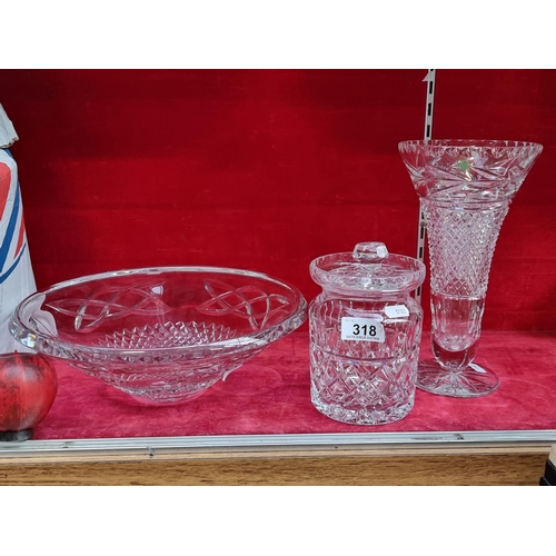 318 - Three attractive Galway crystal items including a large fruit bowl with Celtic knot design, a lidded... 